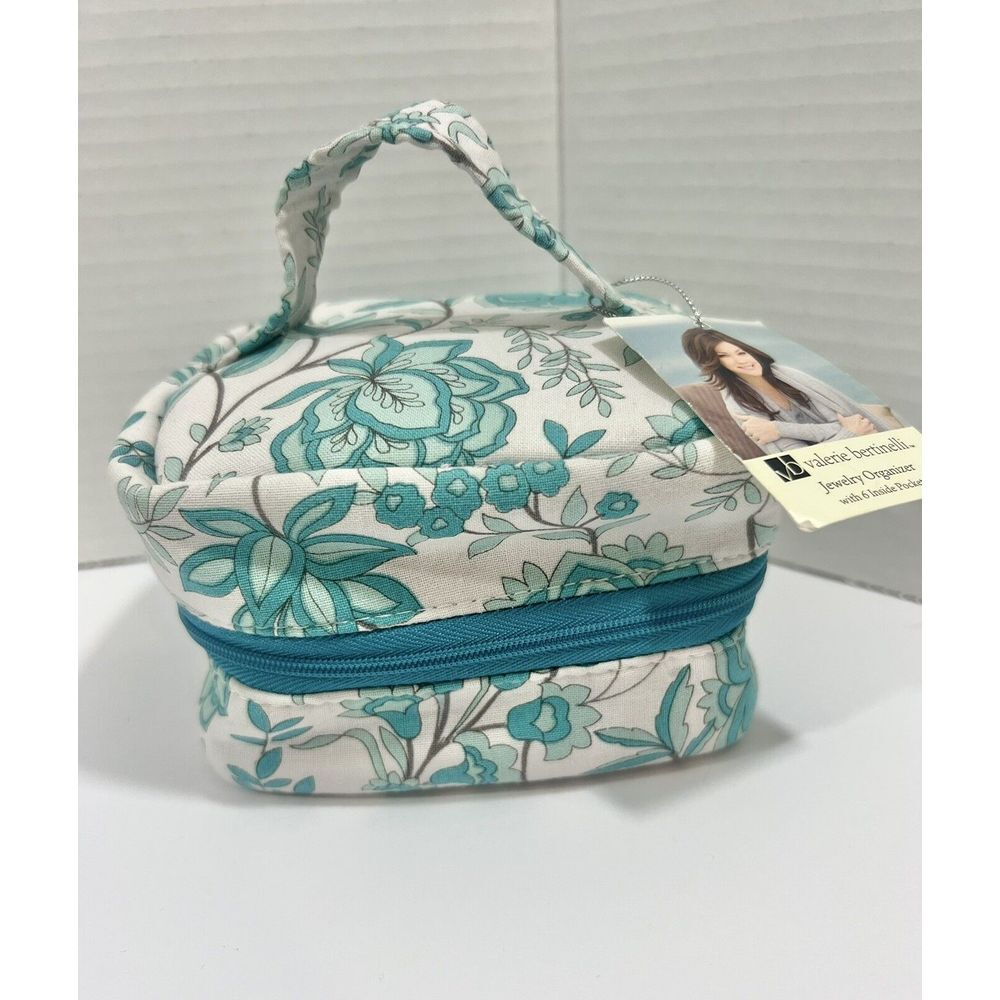 Valerie Bertinelli Jewelry Organizer 6 Compartment Bag Travel Aqua Floral New
